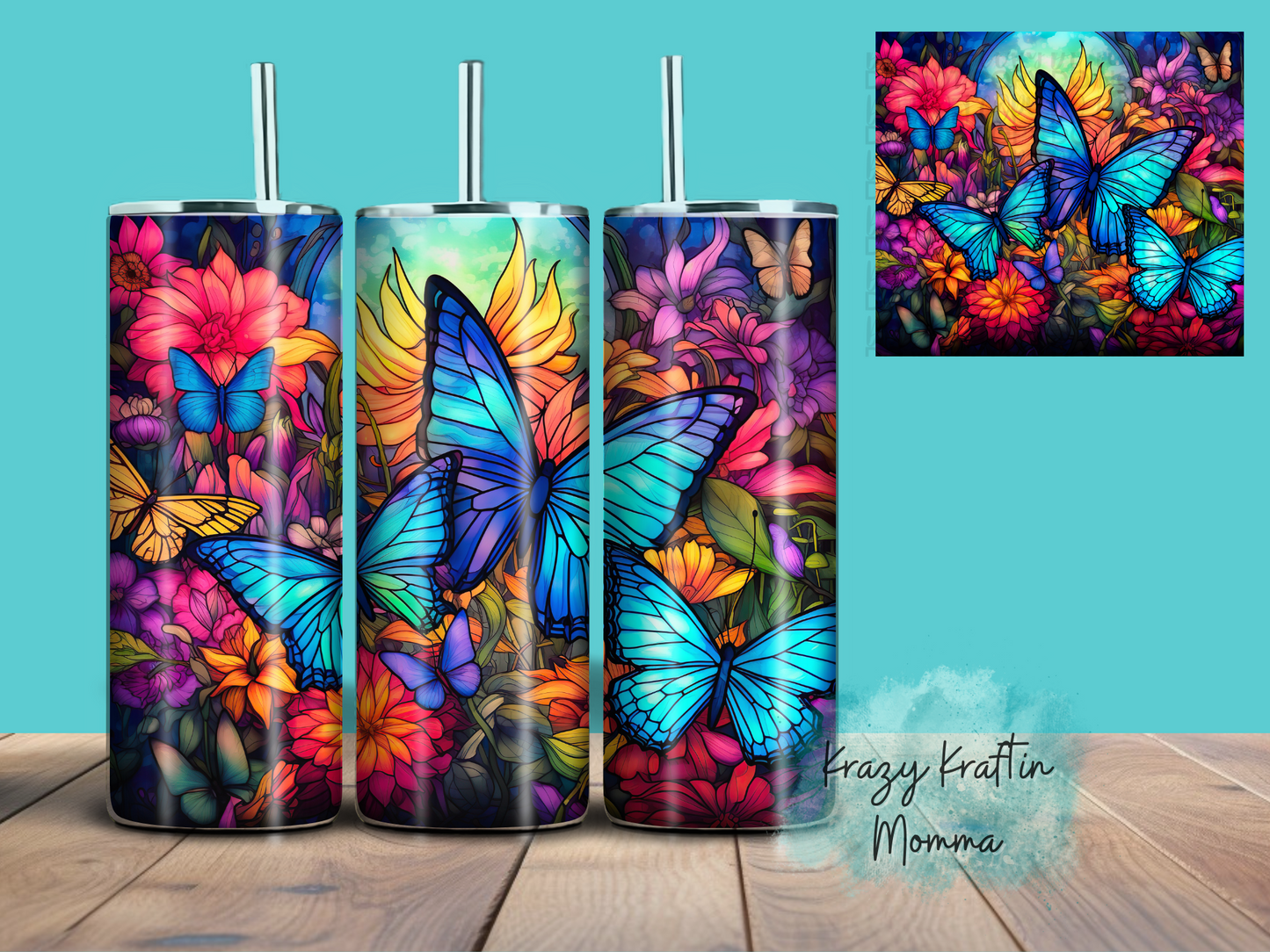 Bright Floral Stained Glass Butterfly Tumbler