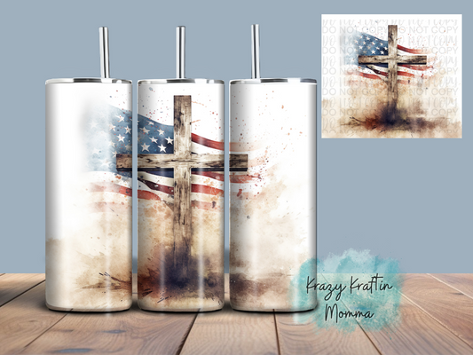 Distressed Cross with Flag Tumbler