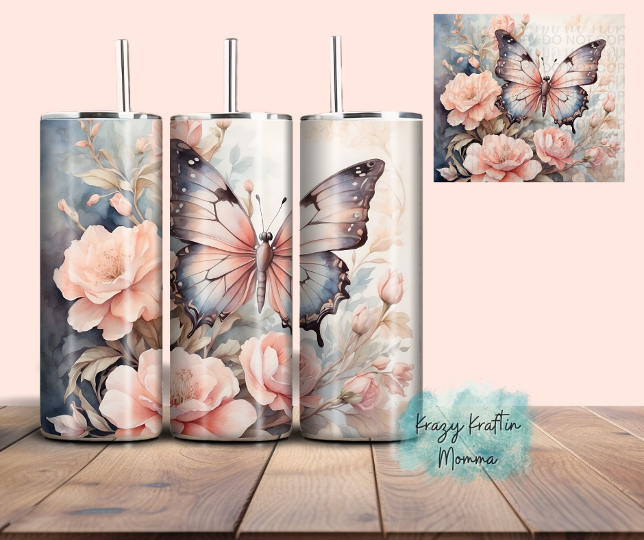 Peach and Blue Watercolor Butterfly Tumbler