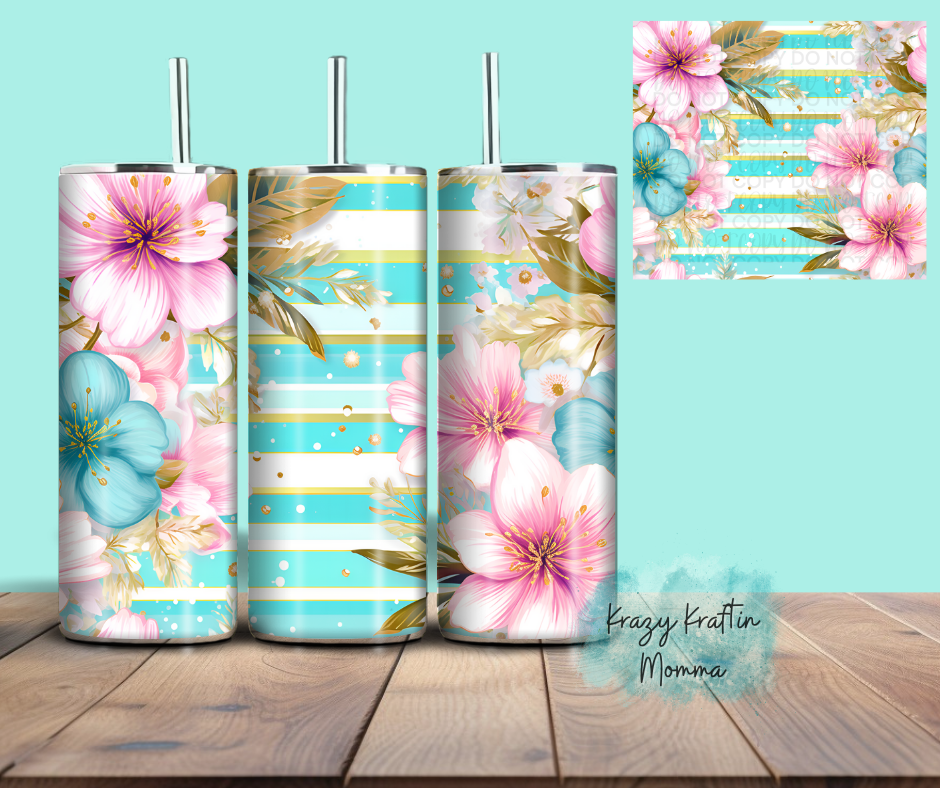 Pink and Blue Floral Stripe Tumbler