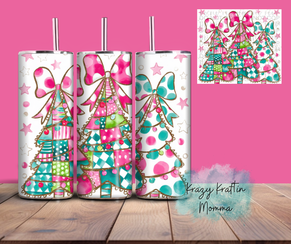 Pink and Teal Bow Christmas Tree Tumbler