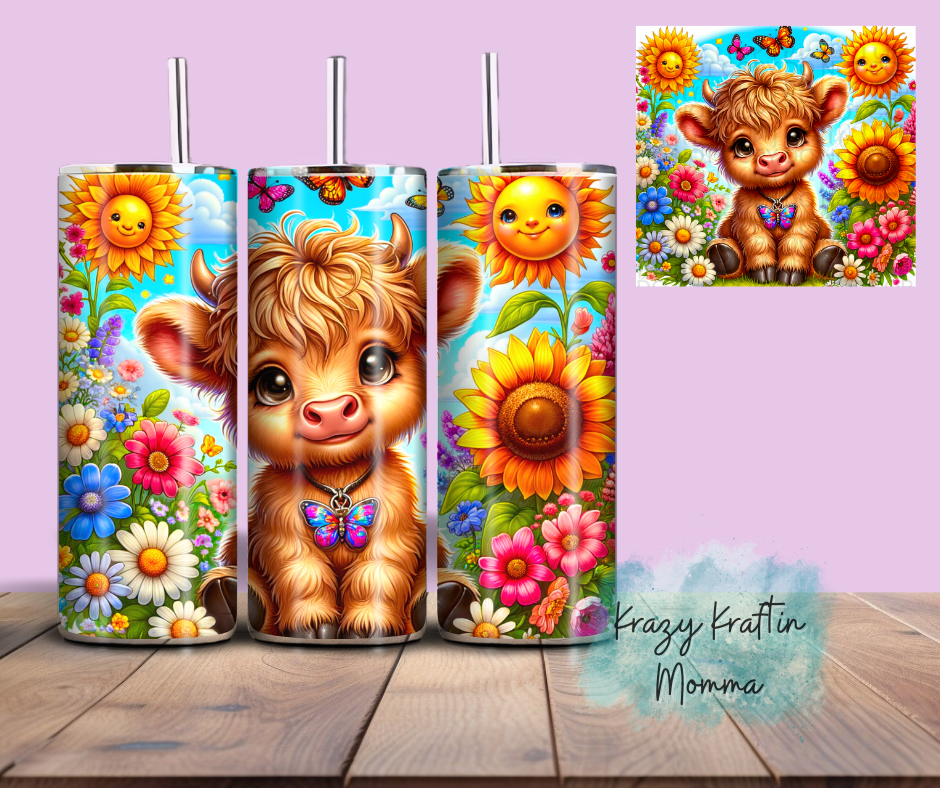 Summer Floral Highland Cow Tumbler