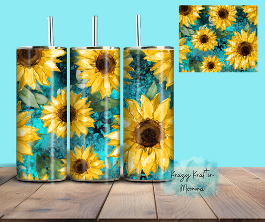 Turquoise Watercolor Sunflower Tumbler