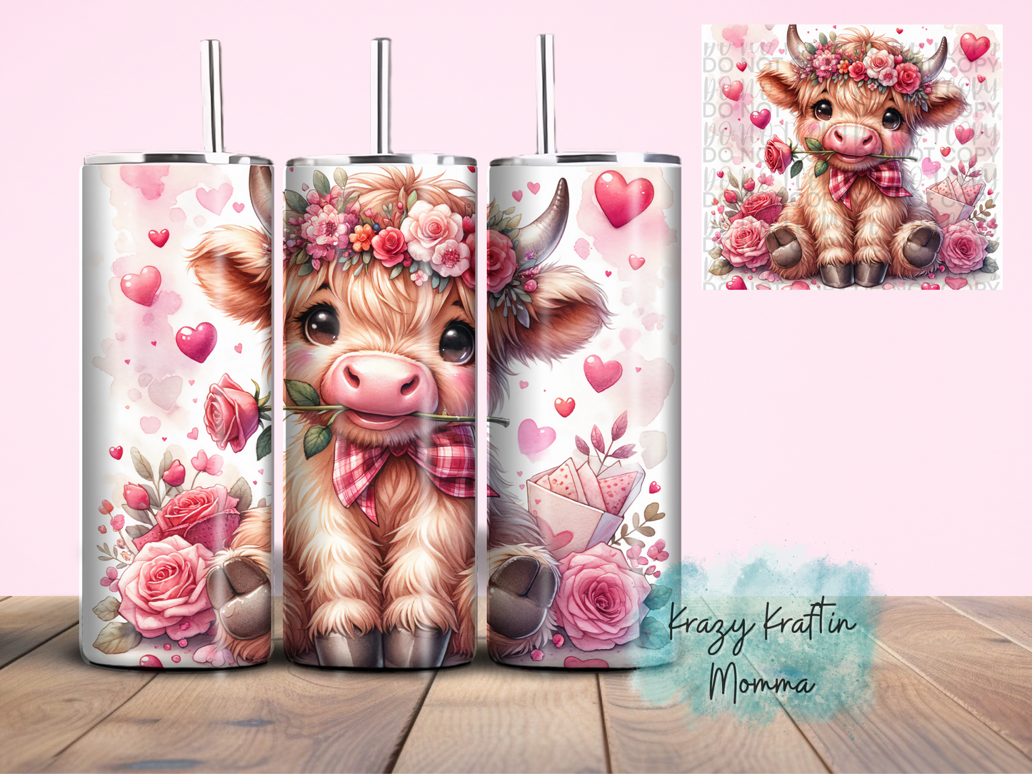 Valentines Highland Cow with Roses Tumbler