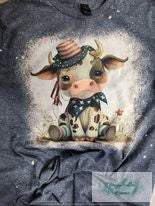 Sitting Patriotic Cow with Cowboy hat Bleached Tee