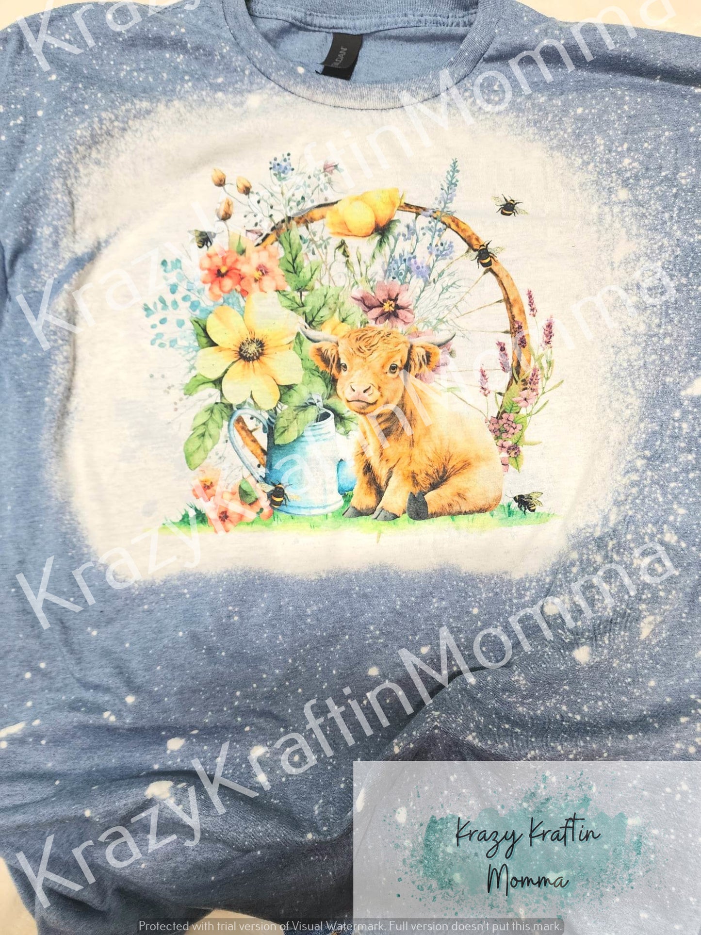 Spring Baby Highland Cow on Bleached Dusty Blue Tee