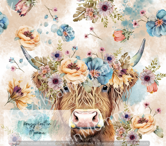 Highland Cow with Flowers